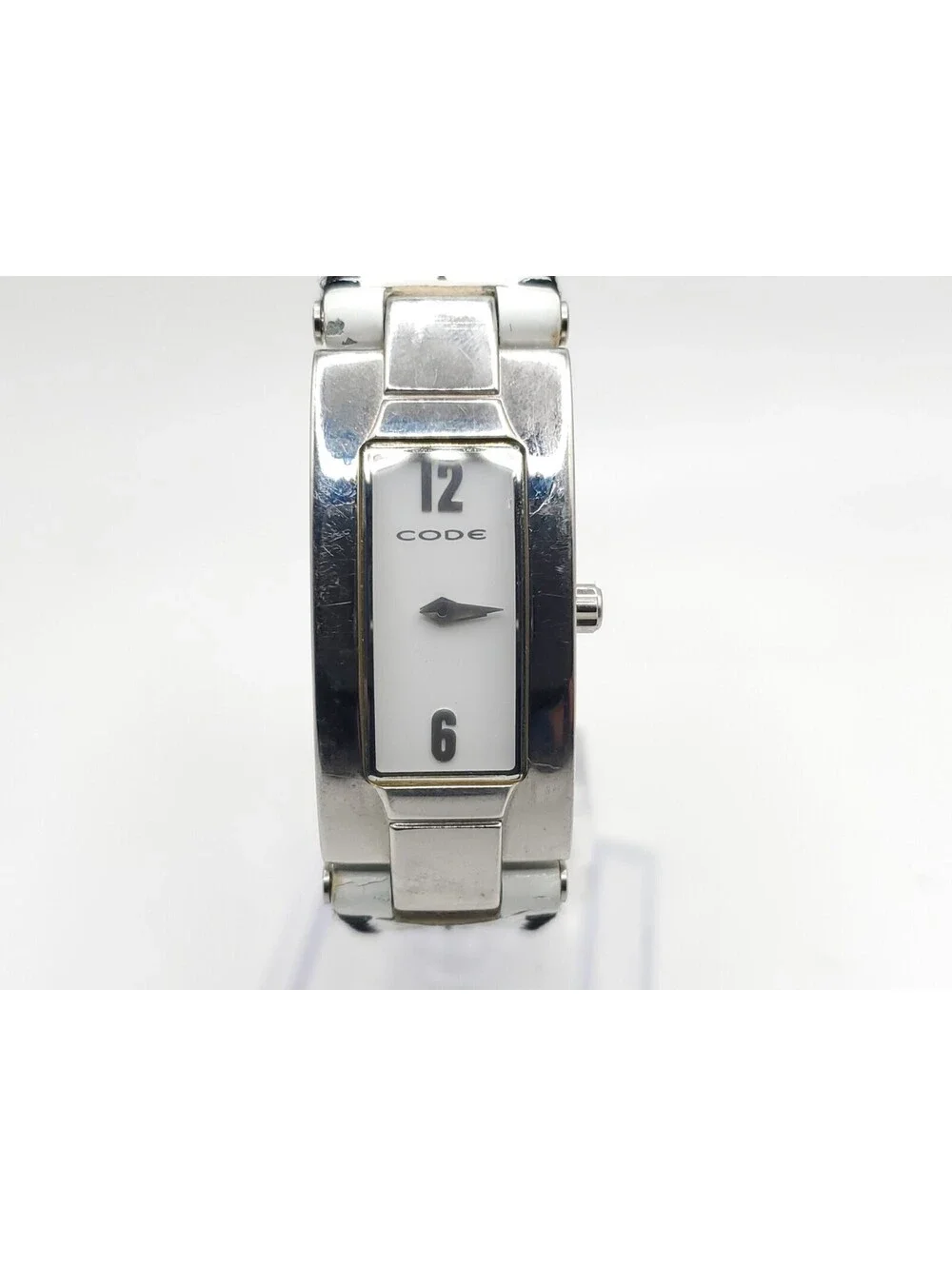 Code Quartz Womens Watch New Battery Siver Tone White Dial Rectangle 17mm